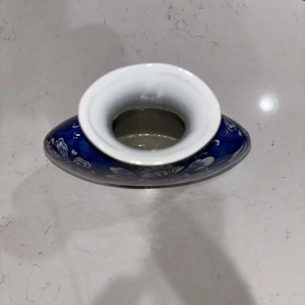 Blue and White Chinoiserie Floral Flat Ceramic Vase